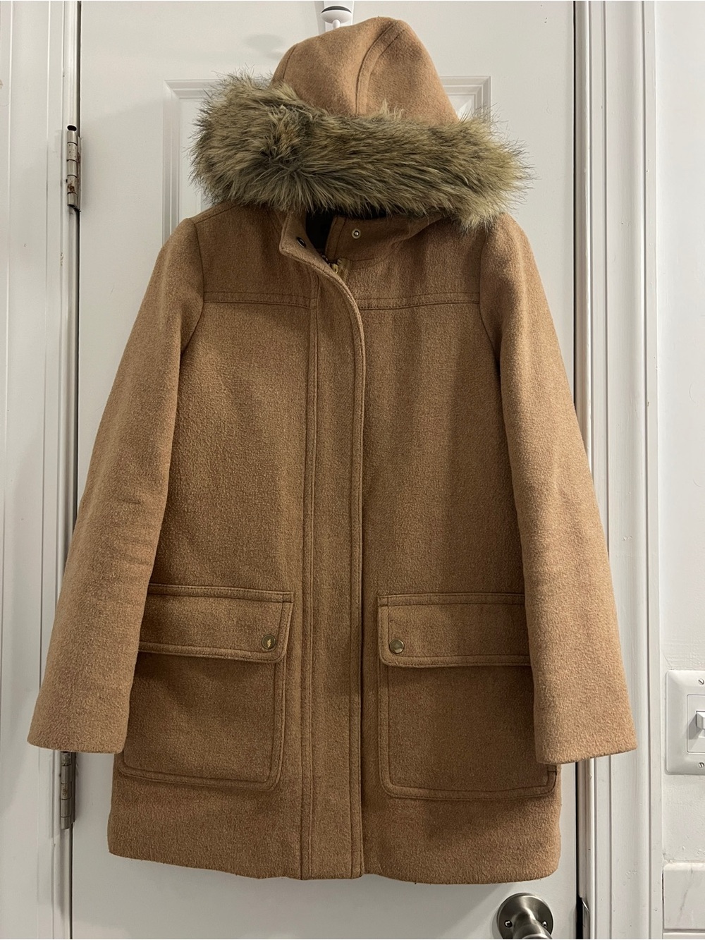 J. Crew Wool Blend Camel Hooded Coat- Size 2 - Picture 10 of 15